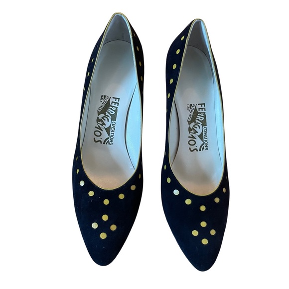 Salvatore Ferragamo Shoes - New Salvatore Ferragamo Limited Edition Black Suede Heels Gold Dot 8